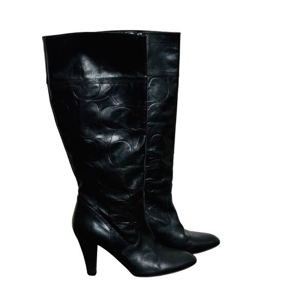 Coach Millie Ladies Black Tall Leather Logo Heel Boot Size 8.5 - Picture 1 of 5